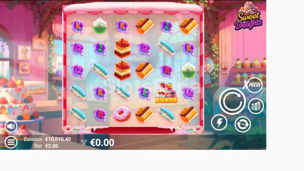 Pantalla principal del juego Sweet Delights con los rodillos llenos de dulces
