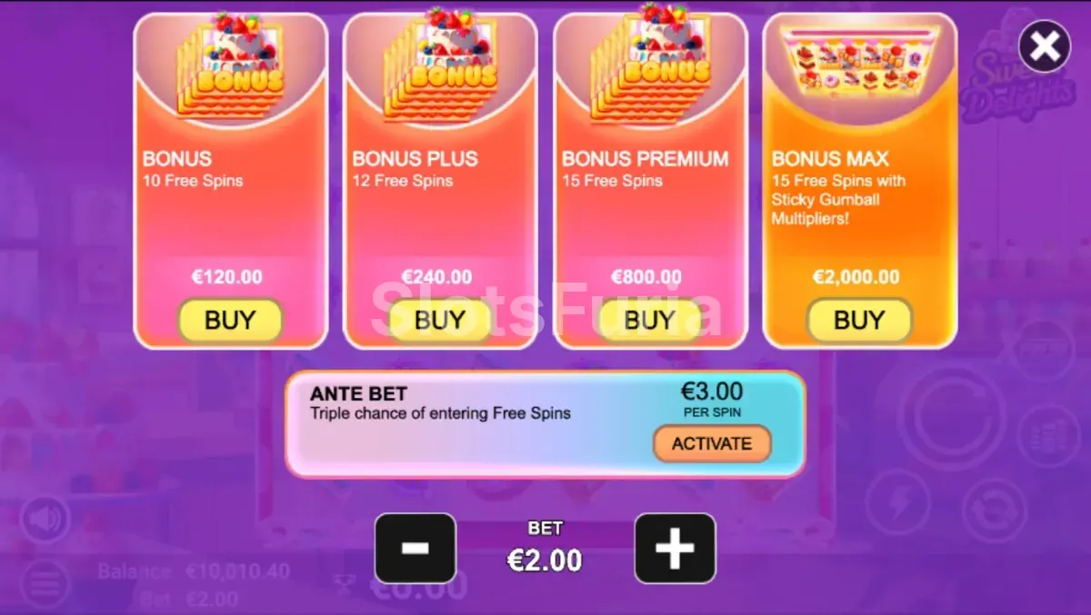 Función de compra de bonus en Sweet Delights con las opciones disponibles