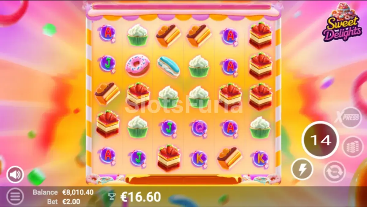 Pantalla de giros gratuitos de Sweet Delights con multiplicadores activos