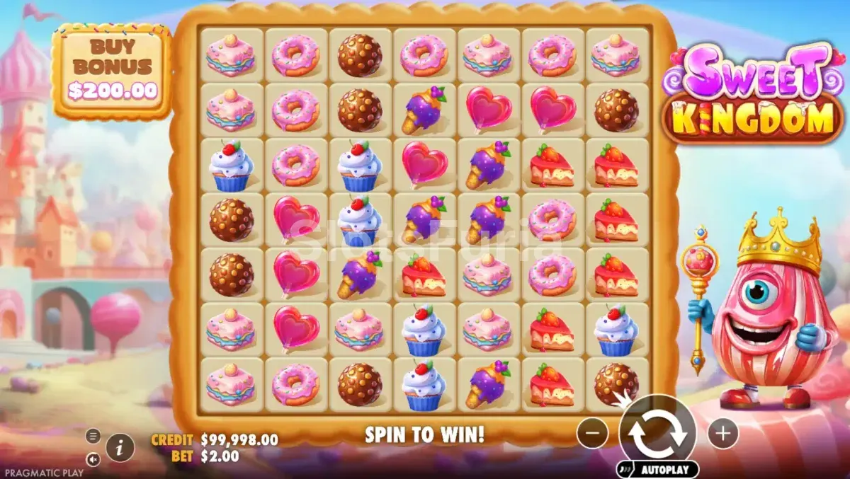 Juego base de Sweet Kingdom con la cuadrícula de 7x7 y los símbolos dulces