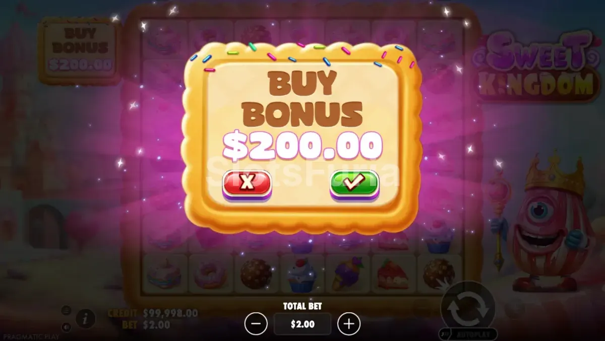 Pantalla de compra de bono en Sweet Kingdom para activar los giros gratis