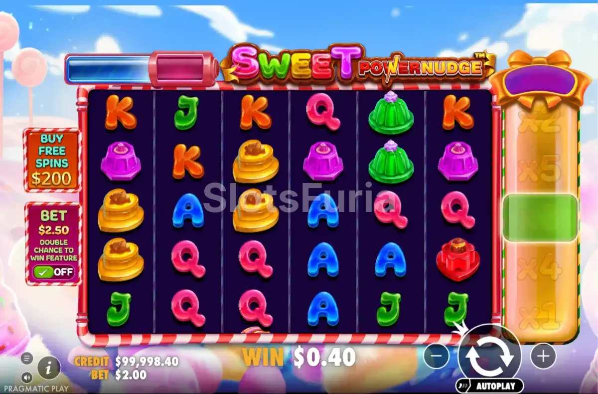 Pantalla principal del juego Sweet Powernudge con sus 6 rouleaux y símbolos de dulces
