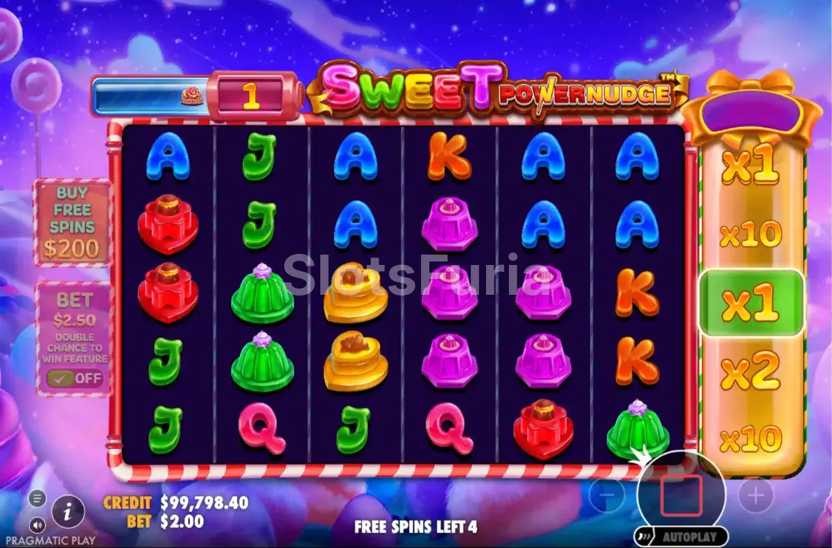 Modo de giros gratuitos activo en Sweet Powernudge con multiplicadores en acción
