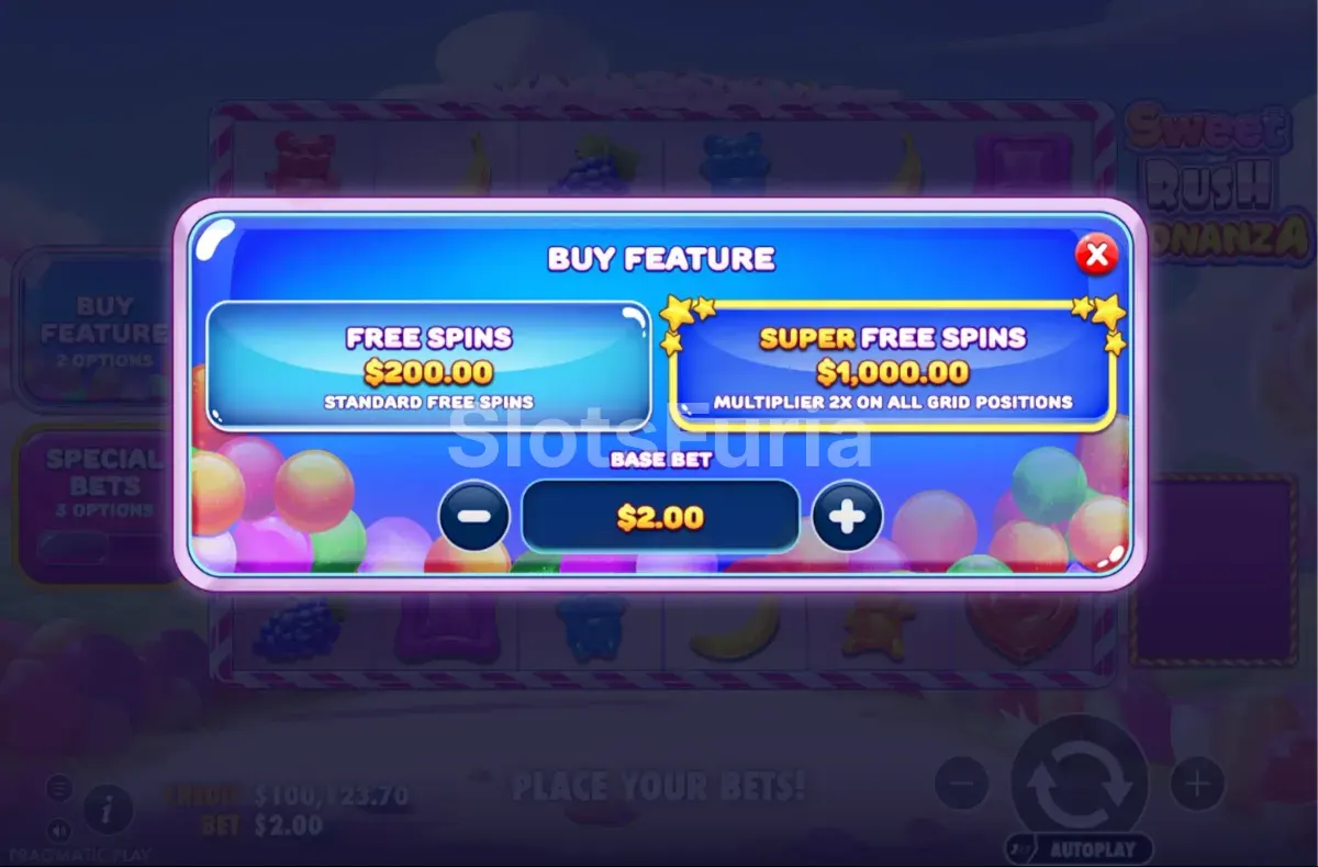 Menú de compra de bono de Sweet Rush Bonanza con sus dos precios