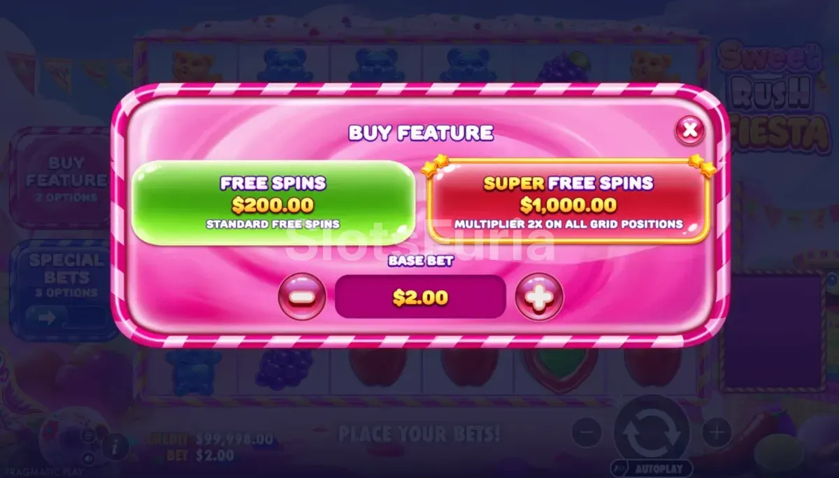 Panel de compra de bonus en Sweet Rush Fiesta