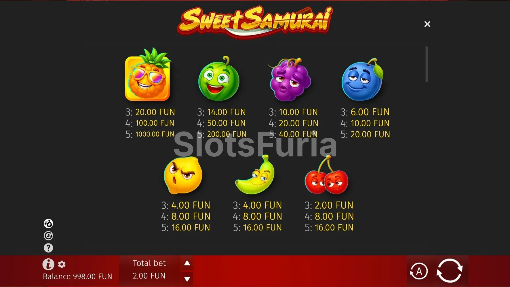 Tabla de pagos de Sweet Samurai con todos los símbolos de frutas