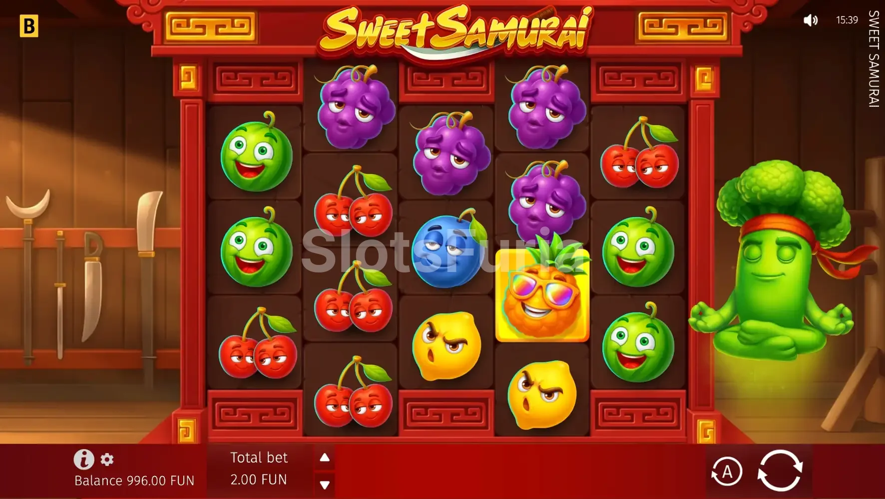 Sweet Samurai en acción con el samurái cortando símbolos ganadores