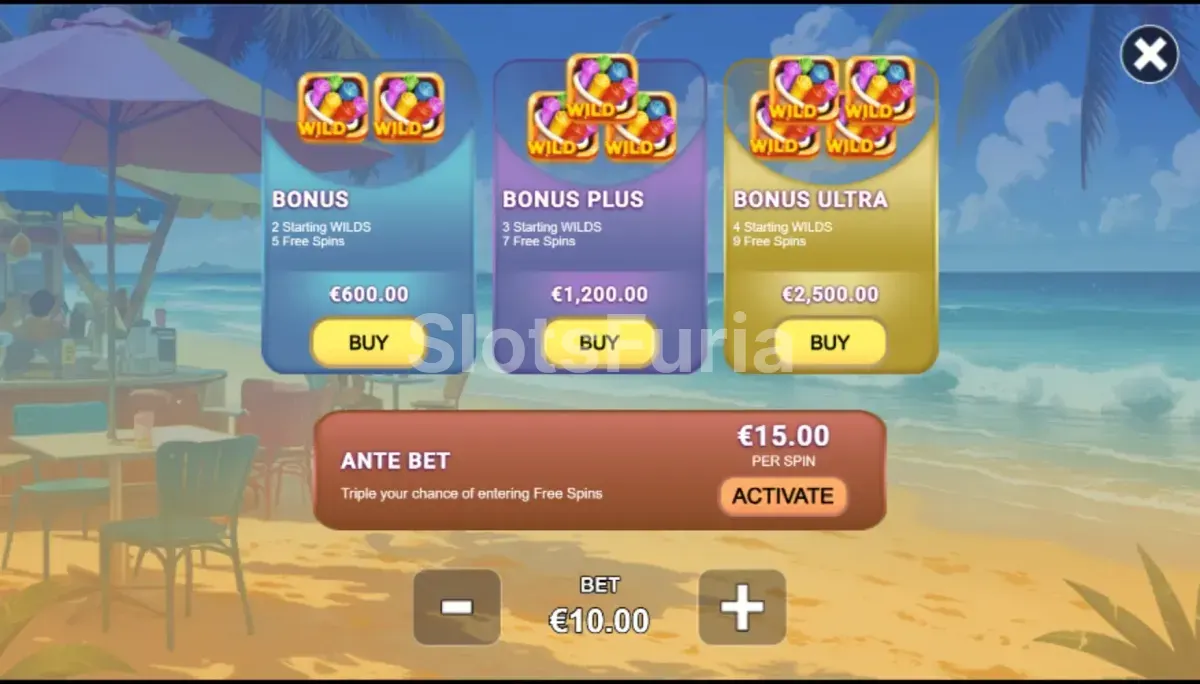 Pantalla de compra de bono en Sweet Wilds con las opciones disponibles
