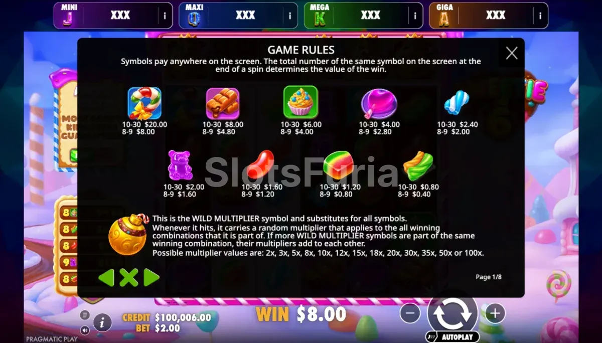 Tabla de pagos y símbolos de Sweetie 6