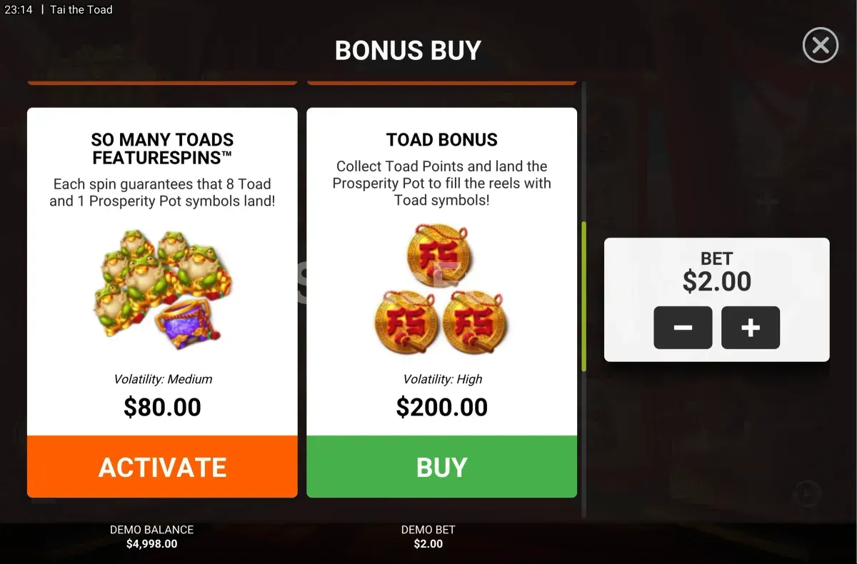 Menú de compra de bonus en Tai The Toad de Hacksaw Gaming