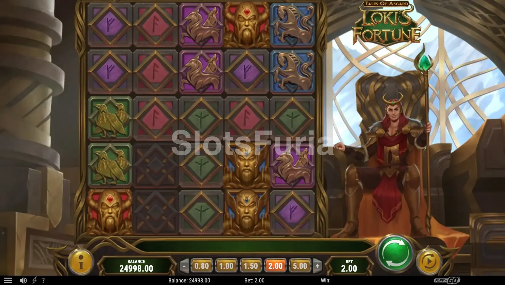 Pantalla principal de Tales of Asgard Lokis Fortune con el salón del trono de Loki