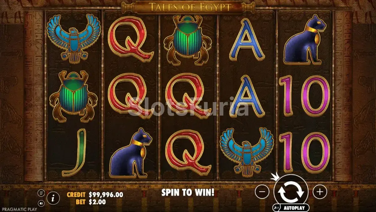 Pantalla principal de Tales of Egypt con sus cinco rodillos y temática egipcia