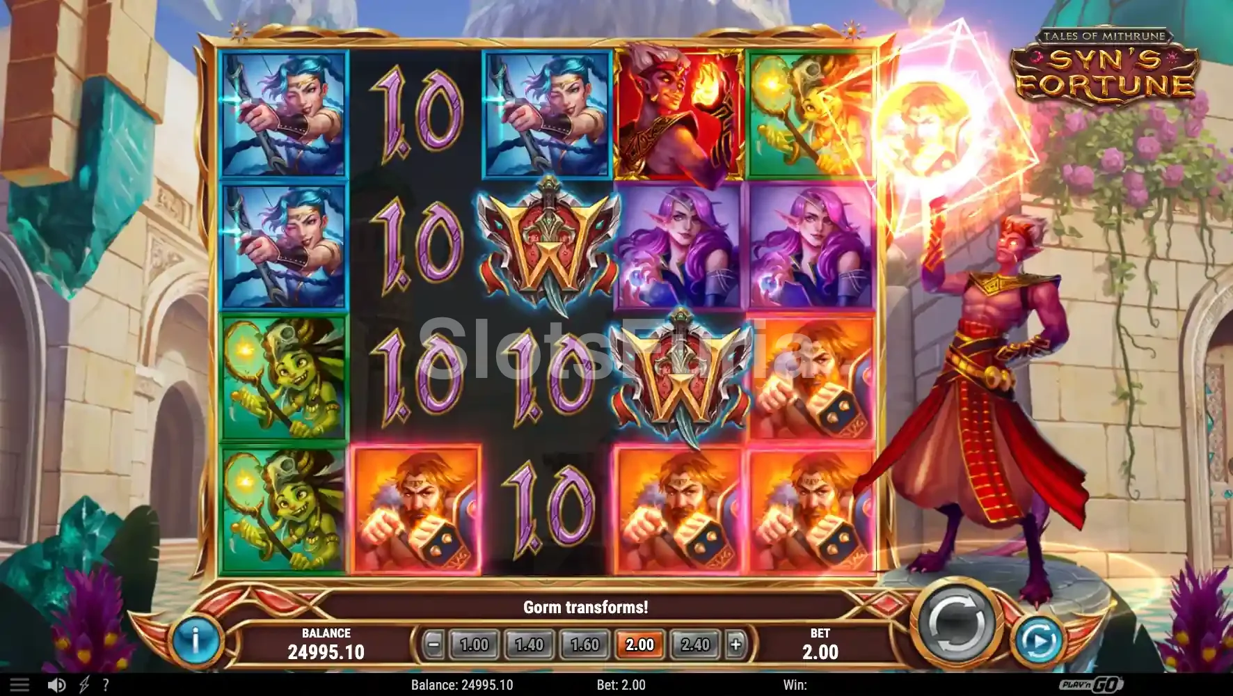 Función de giros gratis en Tales of Mithrune Syn's Fortune con modificadores activos