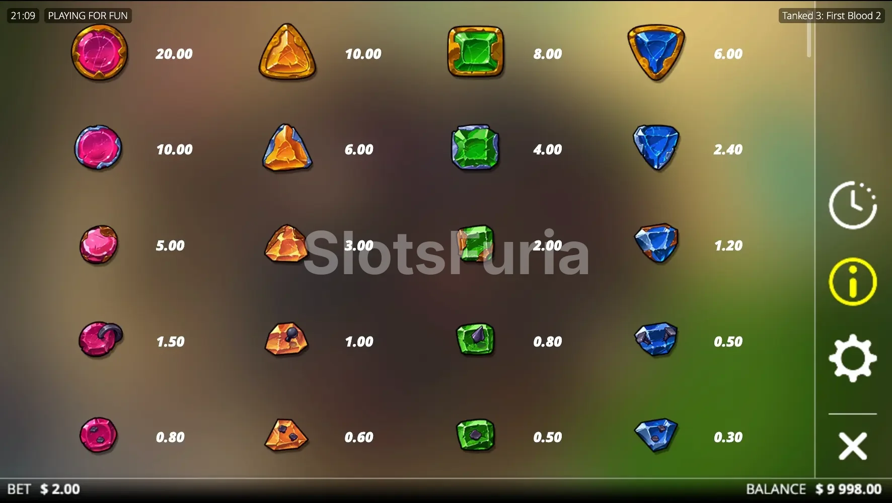 Tabla de pagos de Tanked 3 First Blood 2 con niveles de gemas