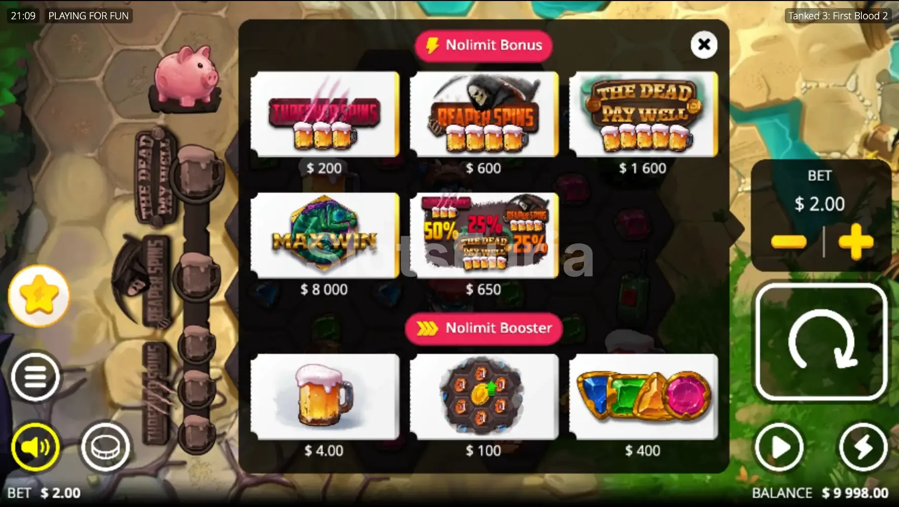 Menú de compra de bonos en Tanked 3 First Blood 2 de Nolimit City