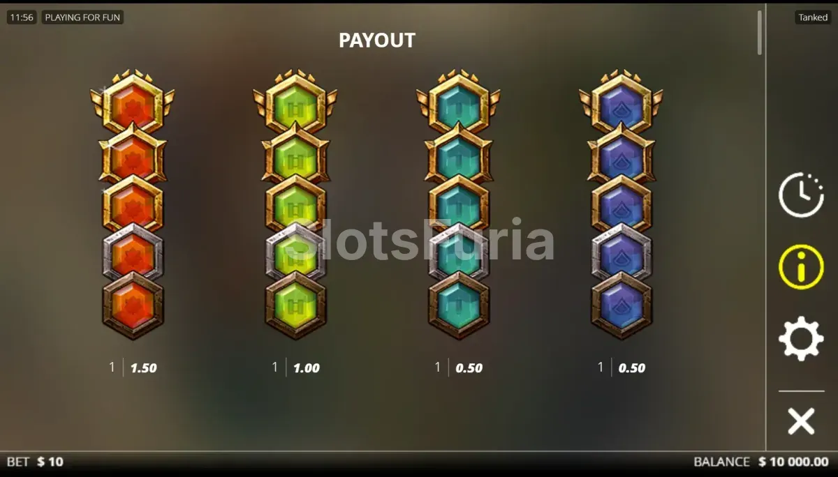 Tabla de pagos de Tanked con los símbolos y sus valores