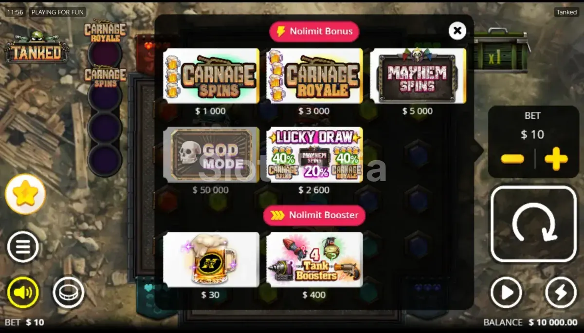 Menú de compra de bonos de Tanked con las opciones disponibles