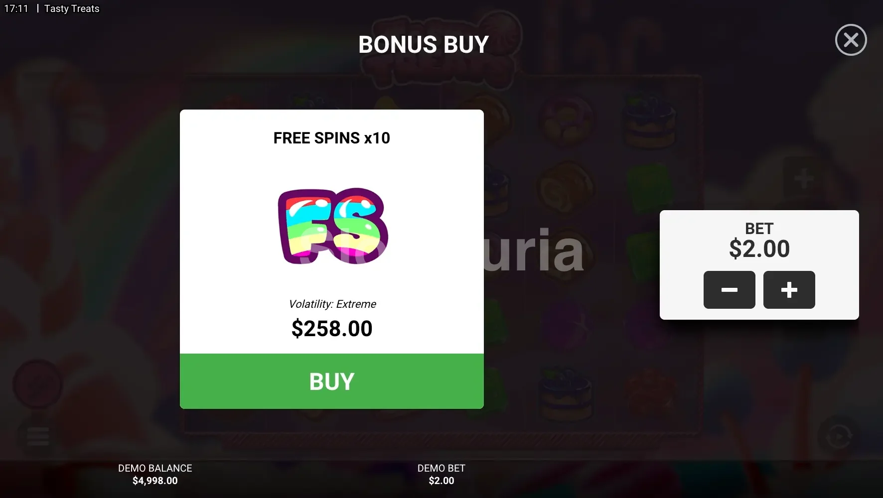 Pantalla de compra de bono en Tasty Treats con el coste de activación visible