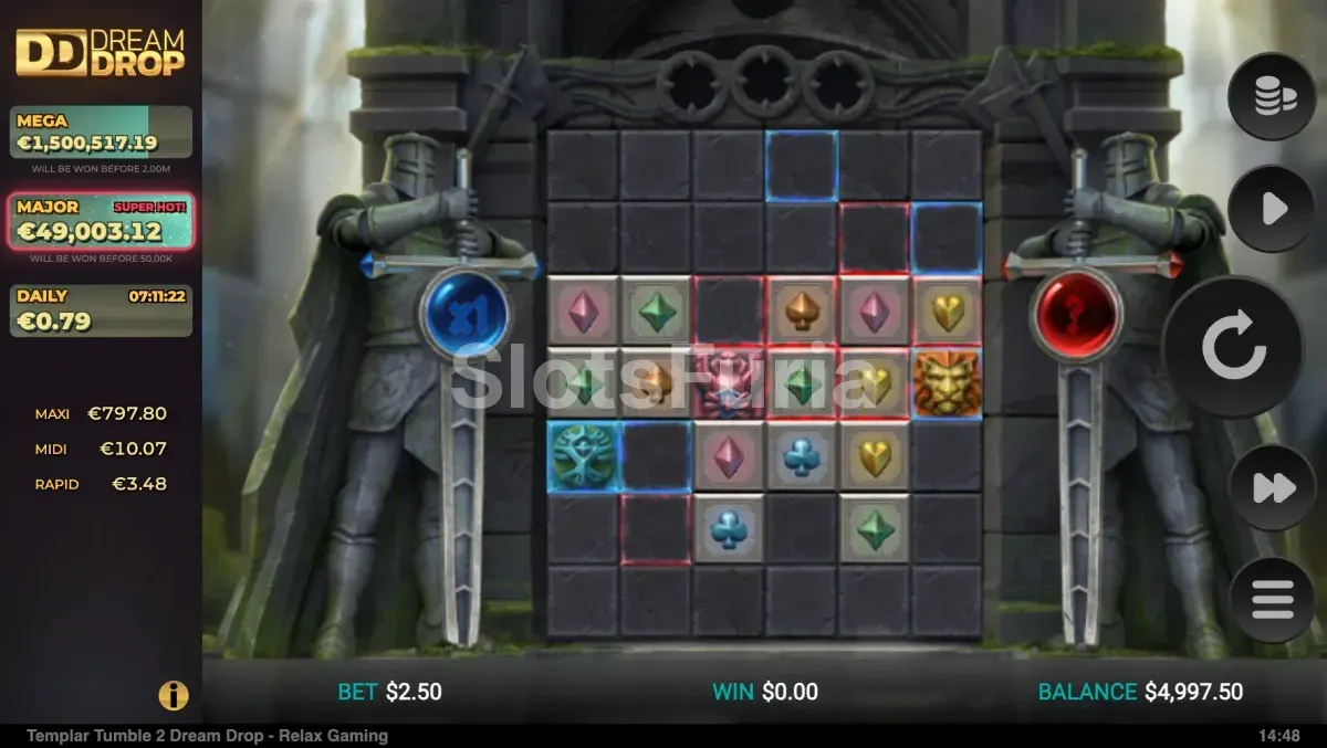 Pantalla principal de Templar Tumble 2 Dream Drop con la cuadrícula de juego completa