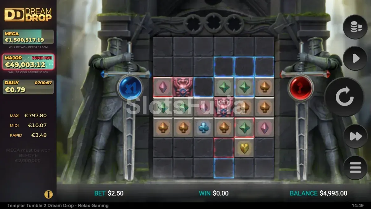 Segunda vista del juego base de Templar Tumble 2 Dream Drop mostrando bloqueadores activos