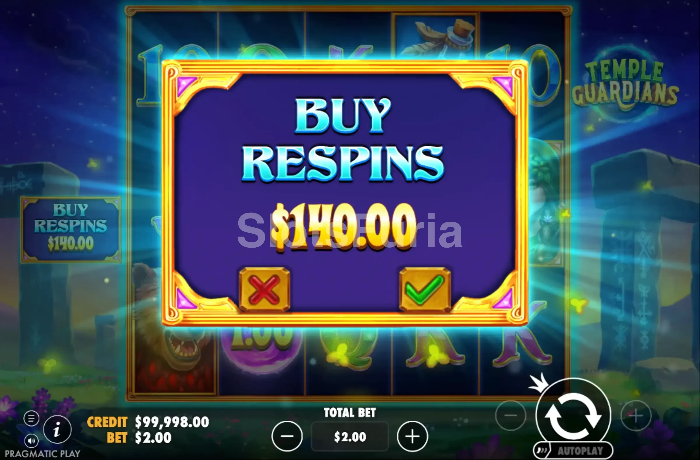 Pantalla de compra de bonus en Temple Guardians de Pragmatic Play