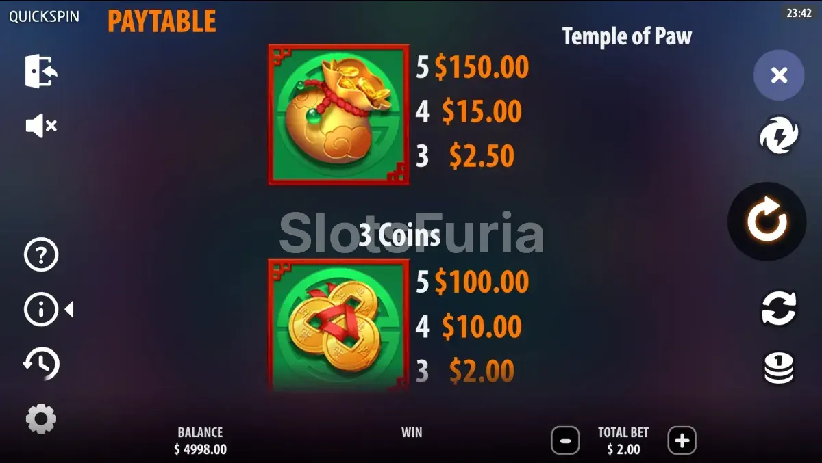 Tabla de pagos de Temple of Paw con los símbolos y sus valores