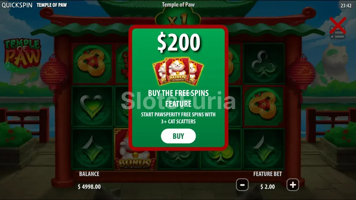 Pantalla de compra de bonus en Temple of Paw con opciones de acceso directo