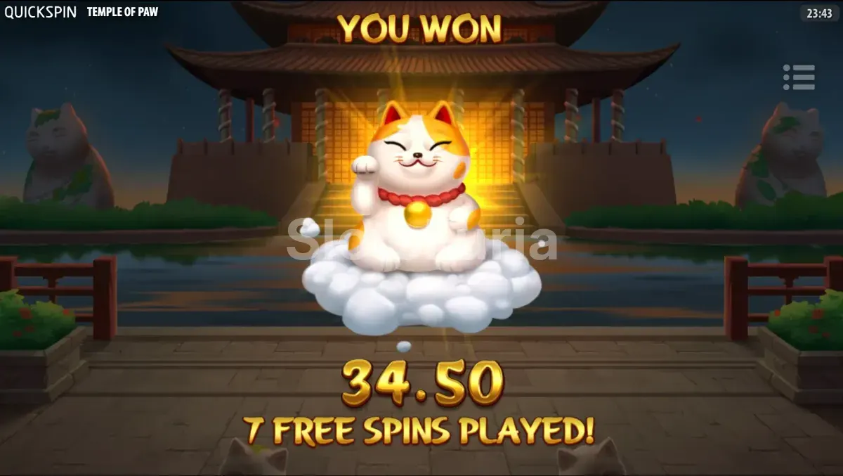 Gran victoria en Temple of Paw mostrando el multiplicador elevado y ganancias máximas