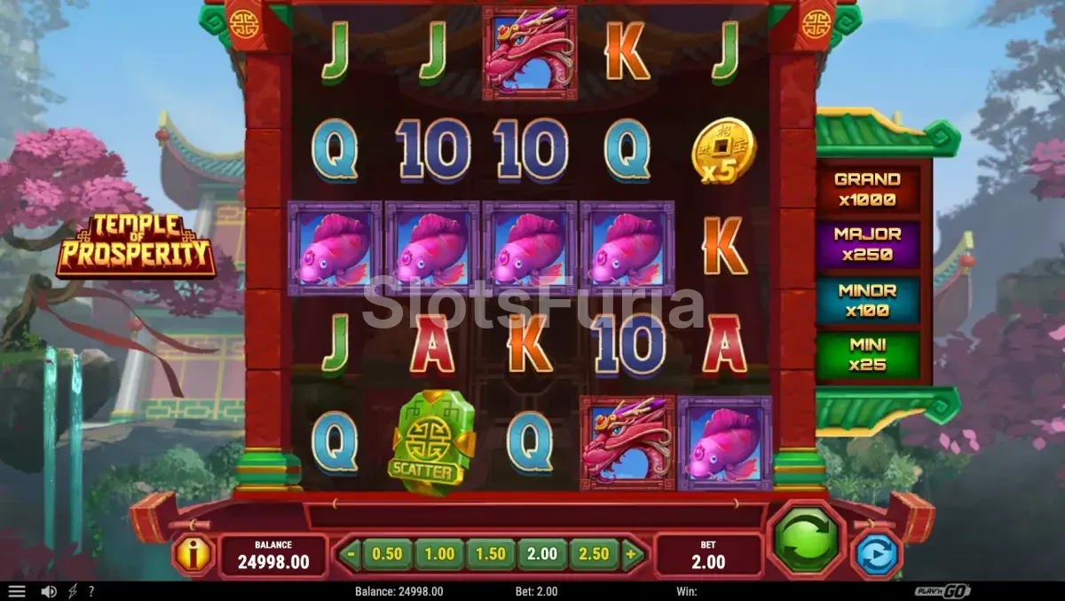 Pantalla principal de Temple of Prosperity con la cuadrícula 5x5 en acción
