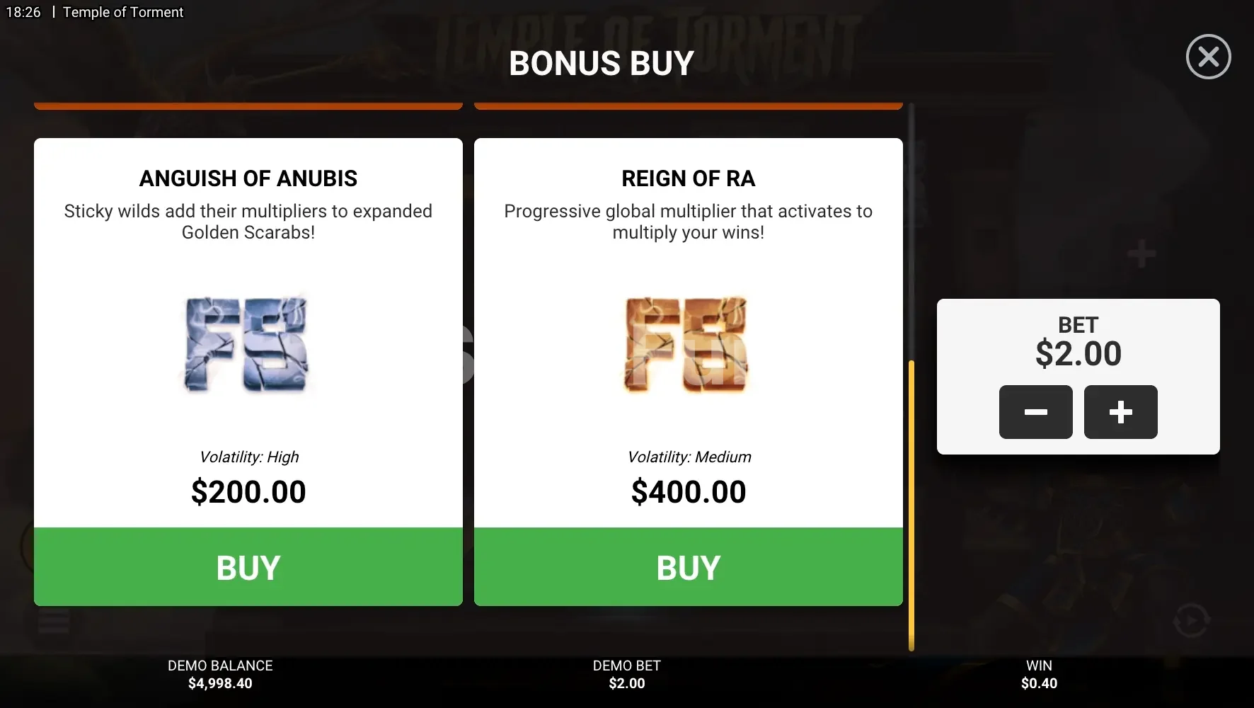 Menú de compra de bonus de Temple of Torment con las cuatro opciones disponibles