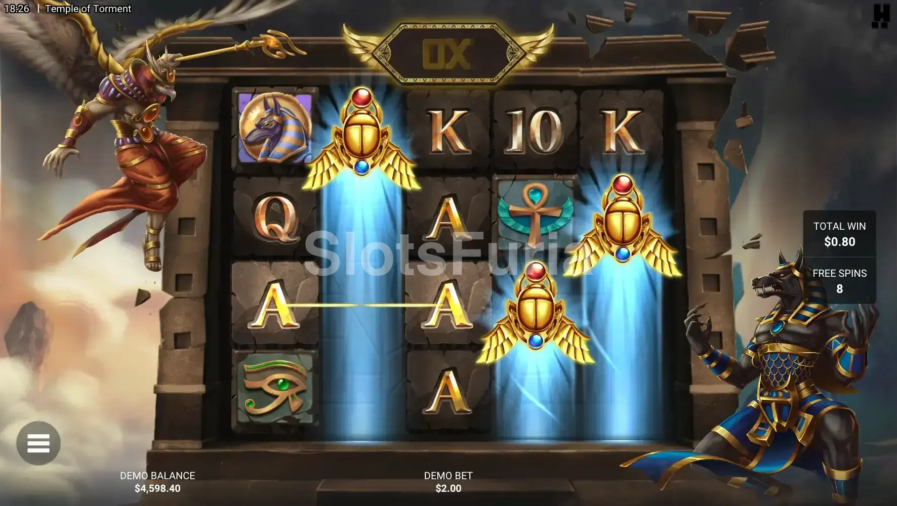 Giros gratuitos de Anubis en Temple of Torment con wilds pegajosos activos