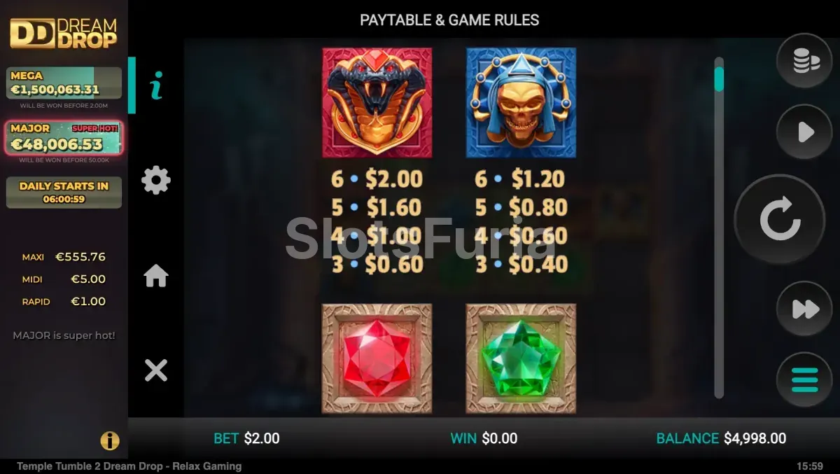 Tabla de pagos de Temple Tumble 2 con todos los símbolos y valores