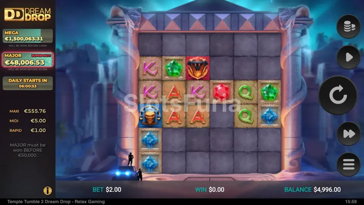 Segunda pantalla del juego base de Temple Tumble 2 con bloques destruidos
