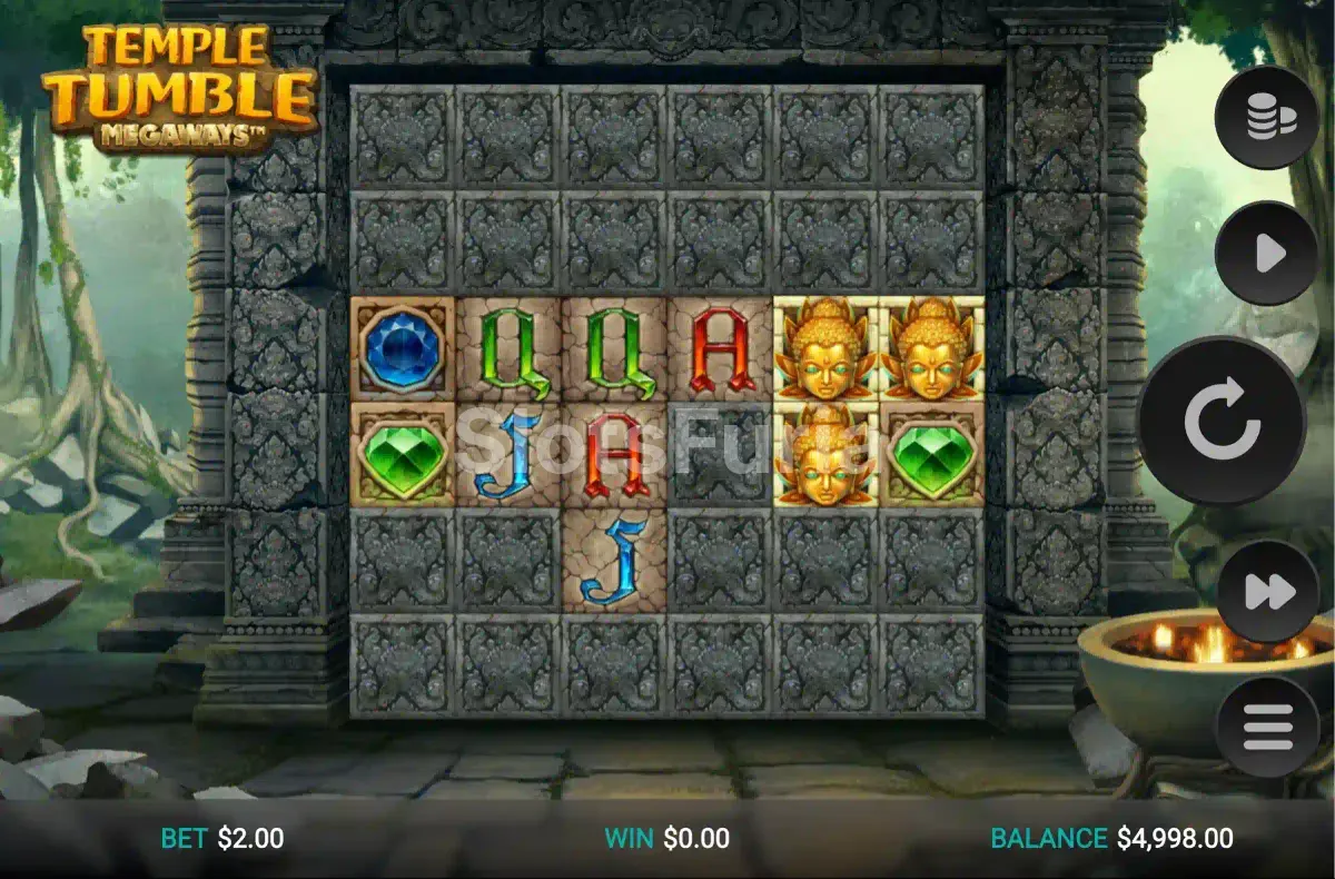 Pantalla principal de Temple Tumble Megaways con los símbolos del templo