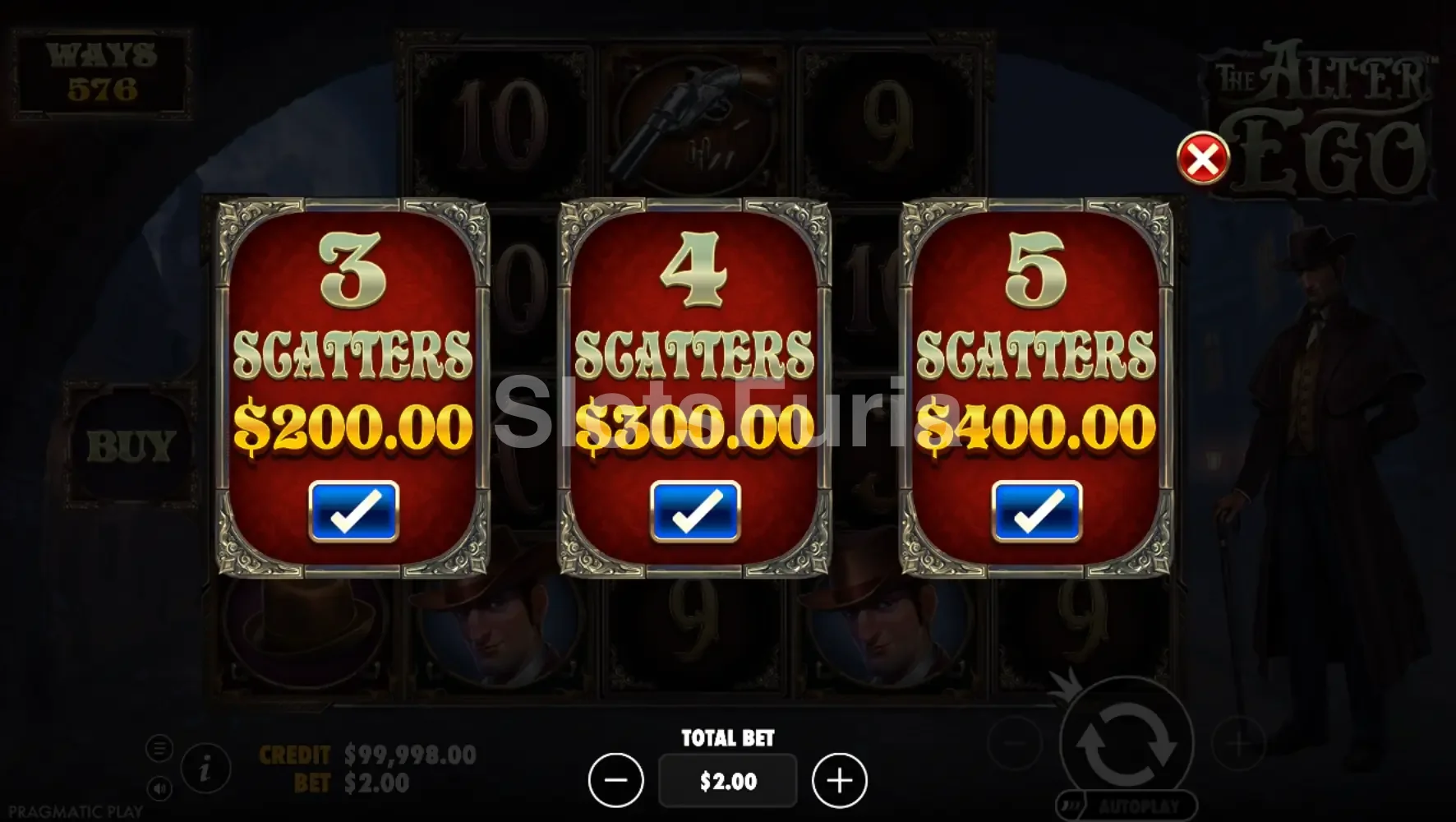 Pantalla de compra de bonus en The Alter Ego de Pragmatic Play