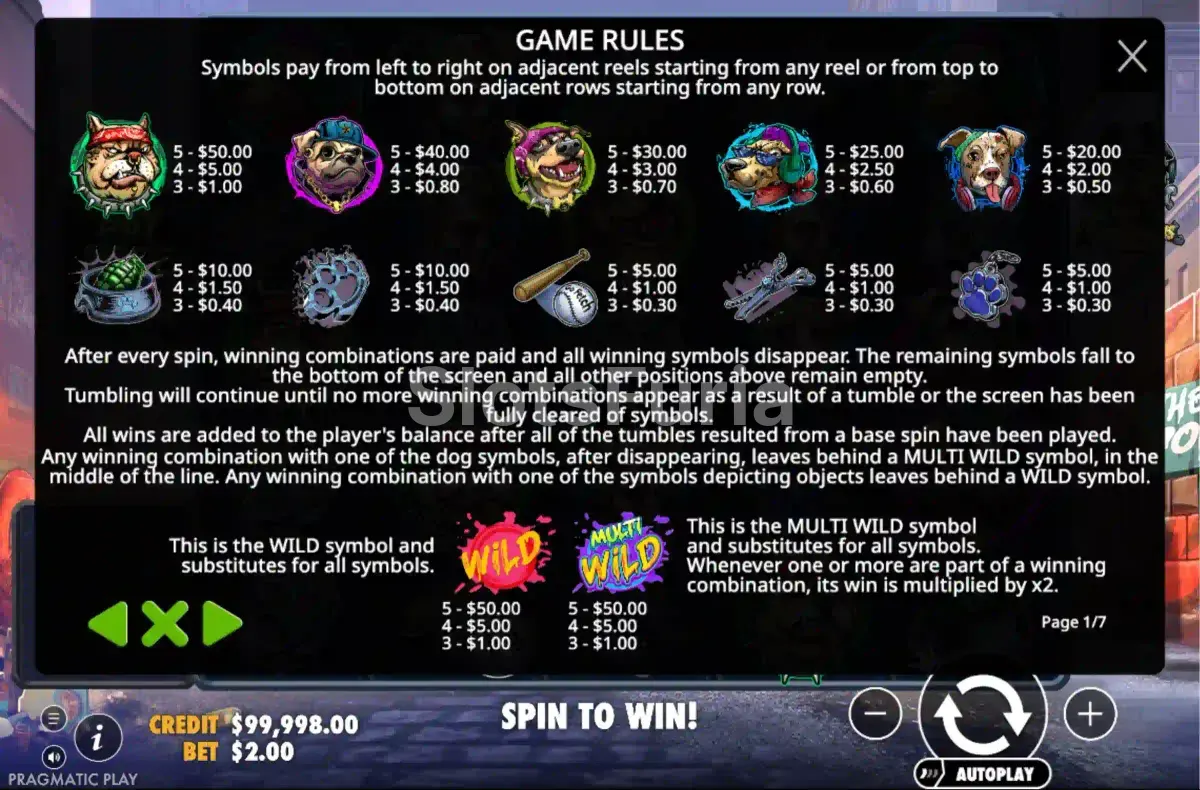 Tabla de pagos de The Big Dawgs con todos los símbolos y sus multiplicadores