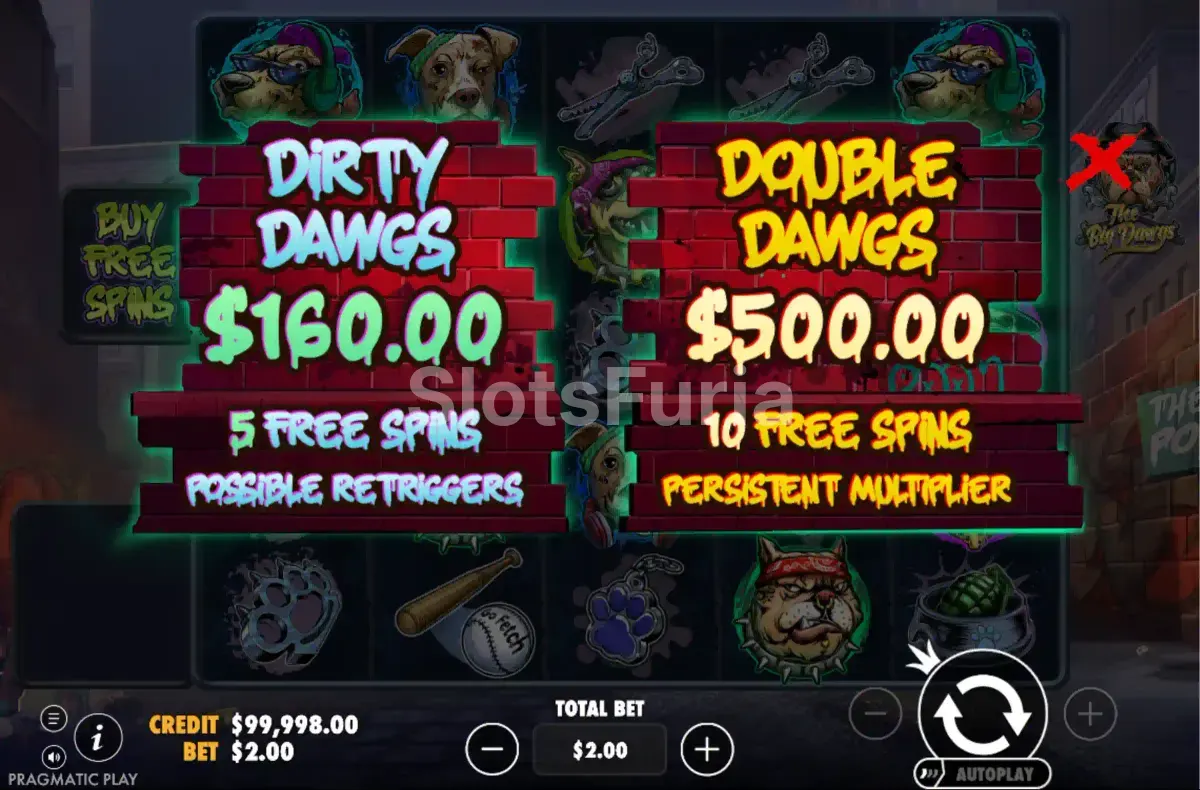 Menú de compra de bonus de The Big Dawgs con las dos opciones disponibles