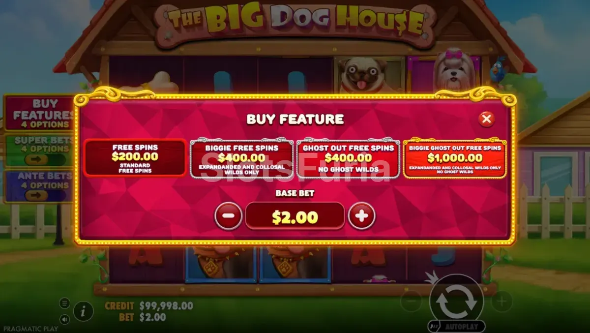 Menú de compra de bono de The Big Dog House con sus cuatro precios