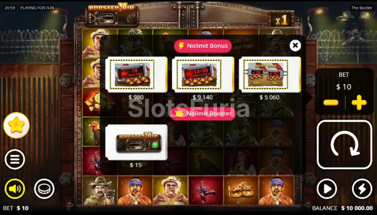 Pantalla de compra de bonus en The Border con sus opciones disponibles