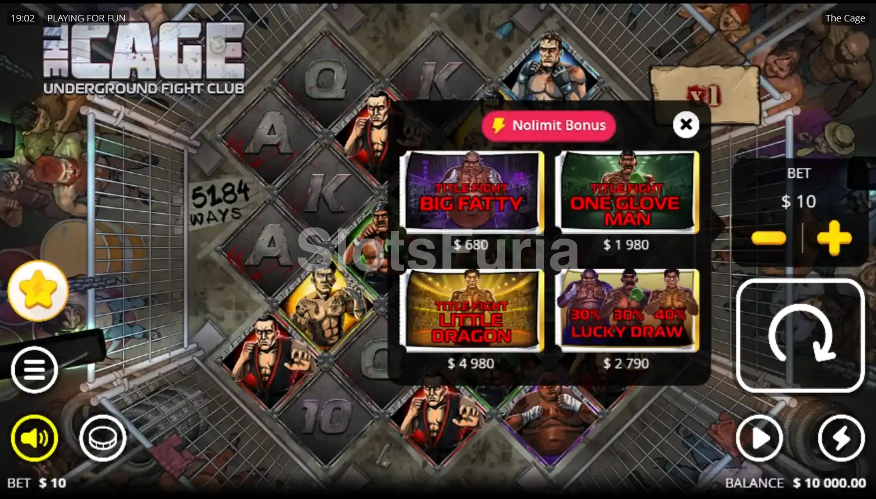 Menú de compra de bonos de The Cage con opciones disponibles