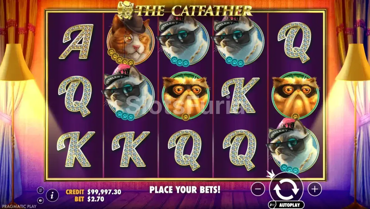 Pantalla principal del juego The Catfather con los gatos mafiosos