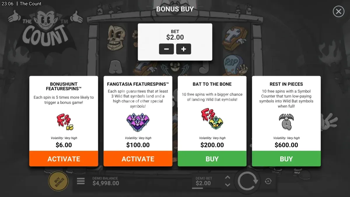 Menú de compra de bonus de The Count con todas las opciones disponibles
