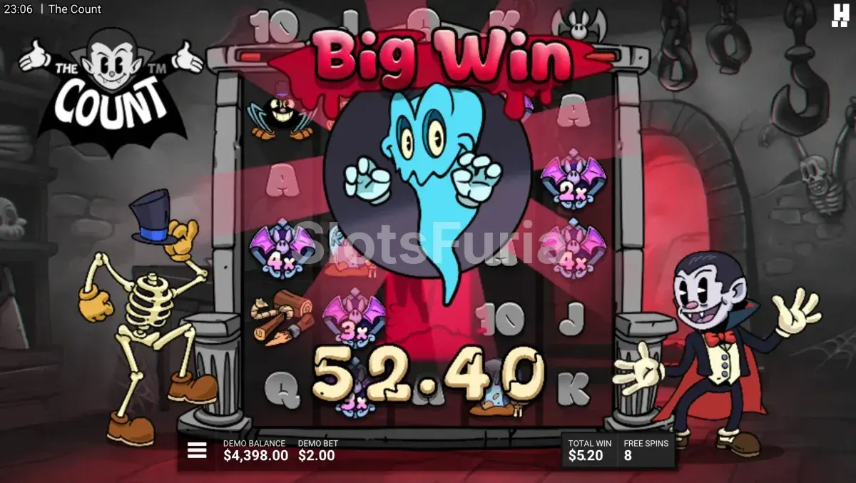 Gran victoria en The Count con multiplicadores encadenados en pantalla