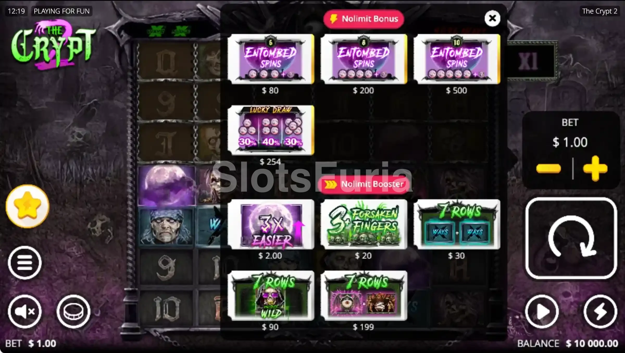 Menú de compra de bono de The Crypt 2 con sus cuatro precios