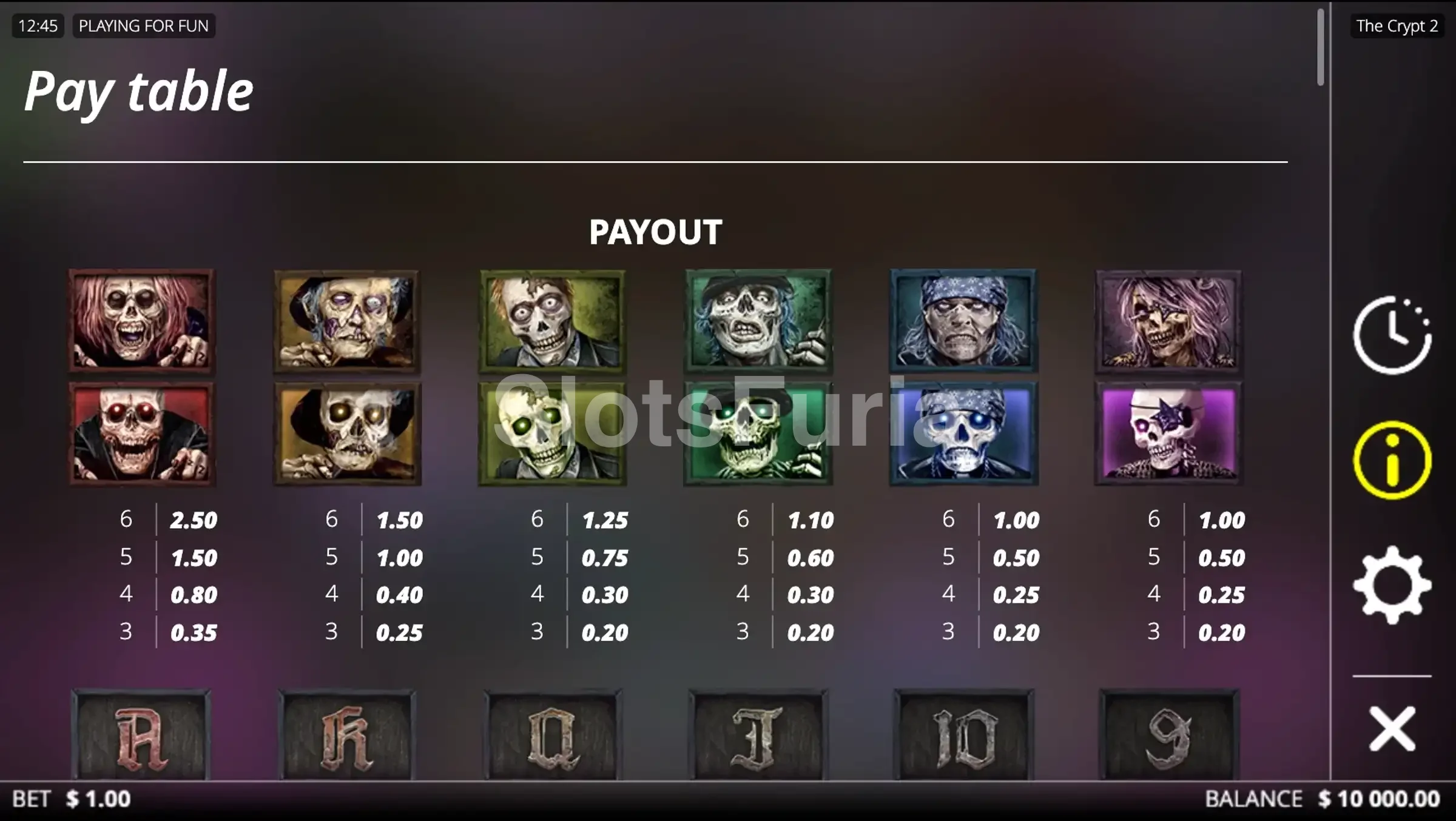 Tabla de pagos de The Crypt 2 con cartas y Dead Legends