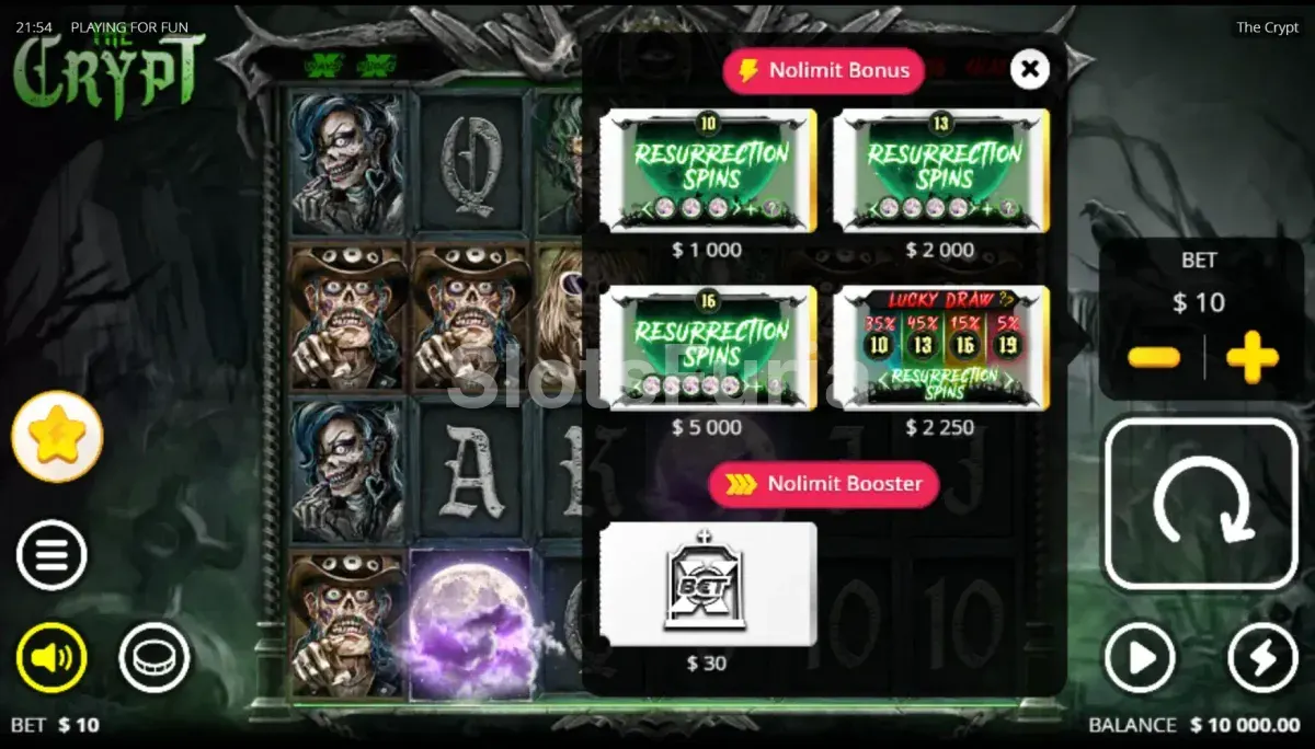 Pantalla de compra de bonus de The Crypt con sus diferentes opciones
