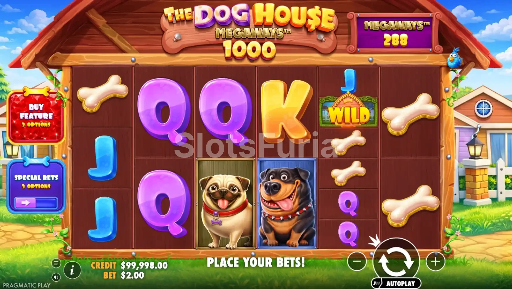 Pantalla principal de The Dog House Megaways 1000 con el tablero de juego completo