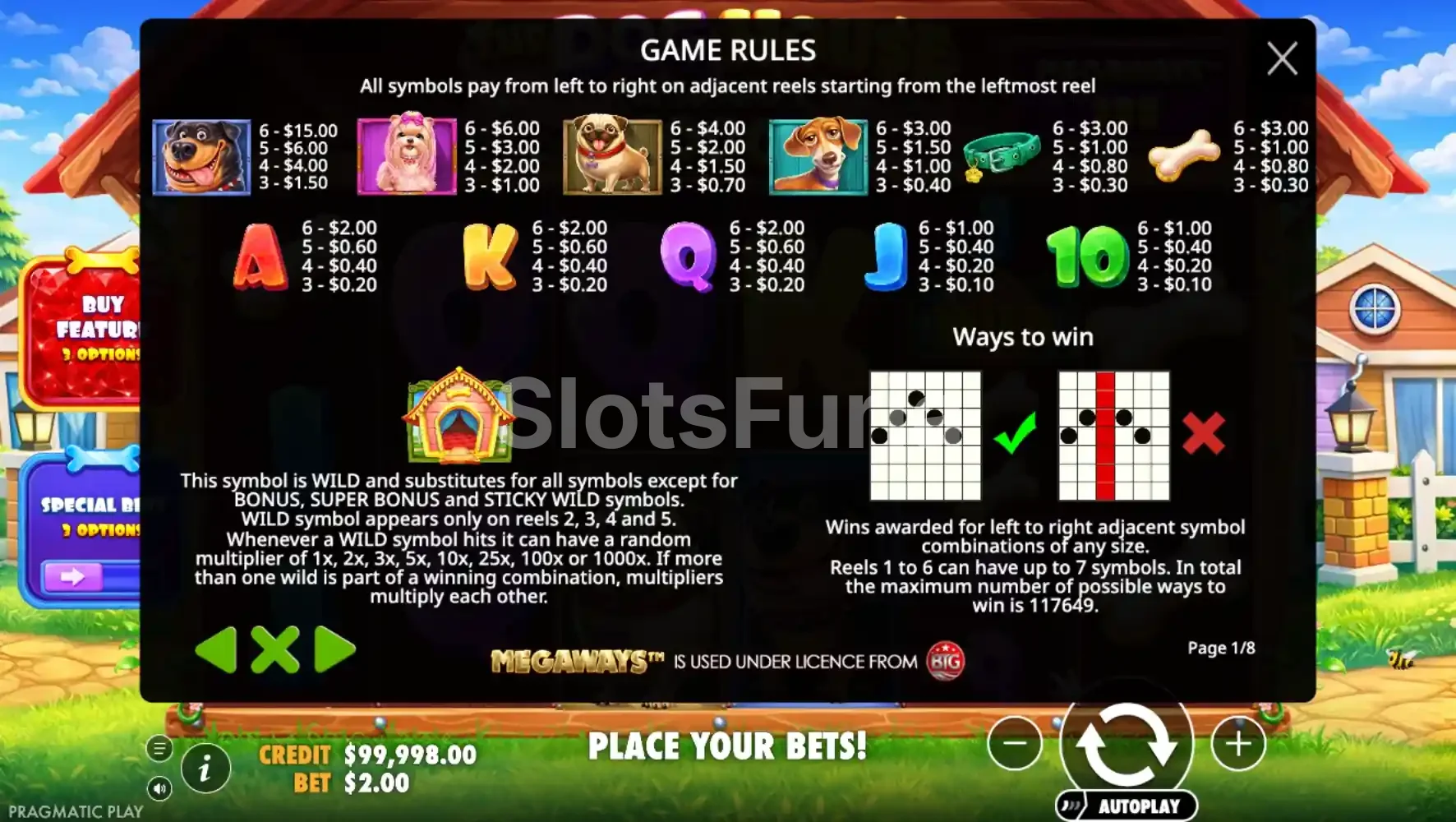 Tabla de pagos de The Dog House Megaways 1000 con símbolos y multiplicadores