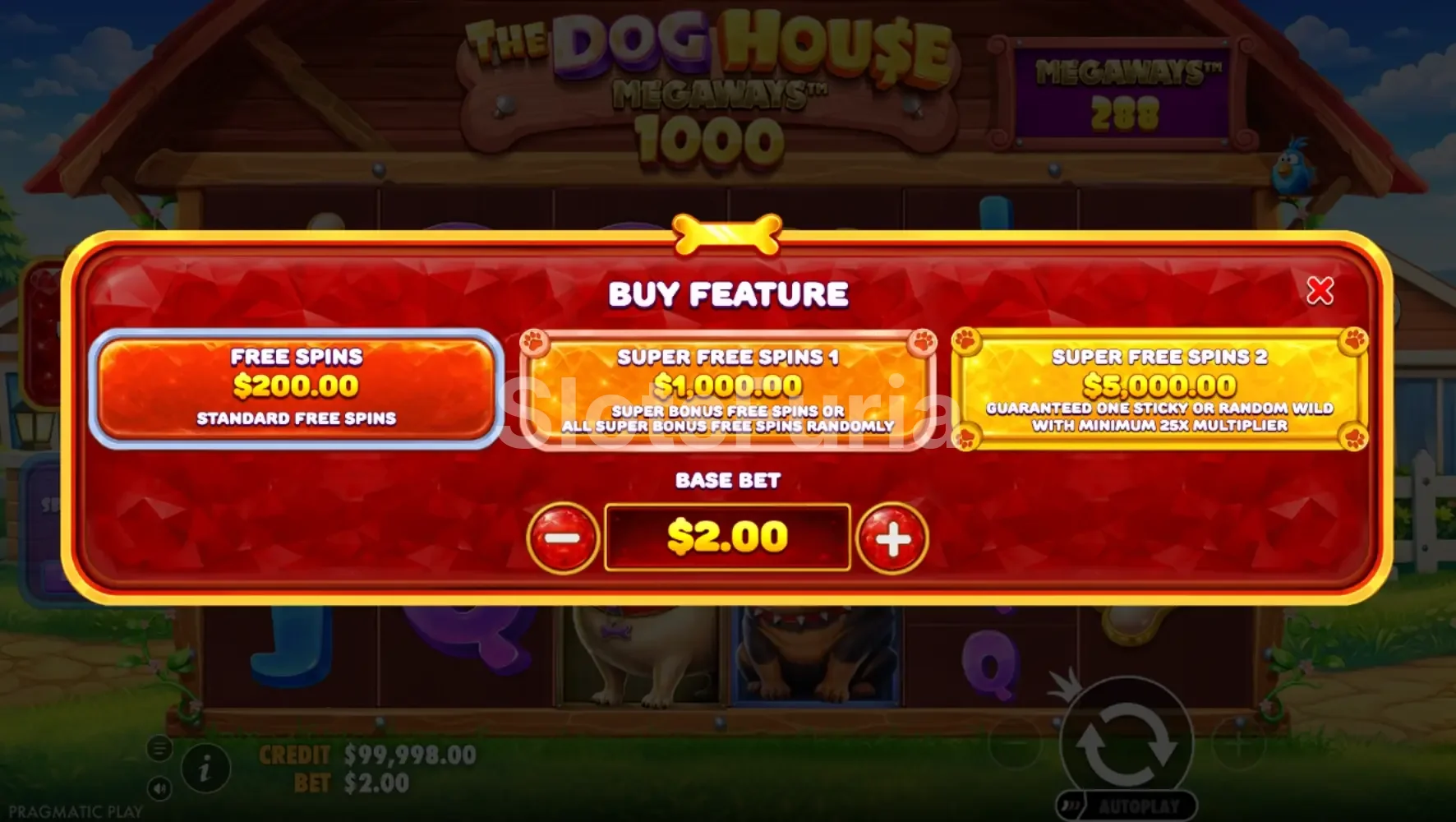Menú de compra de bonos en The Dog House Megaways 1000 con todas las opciones disponibles
