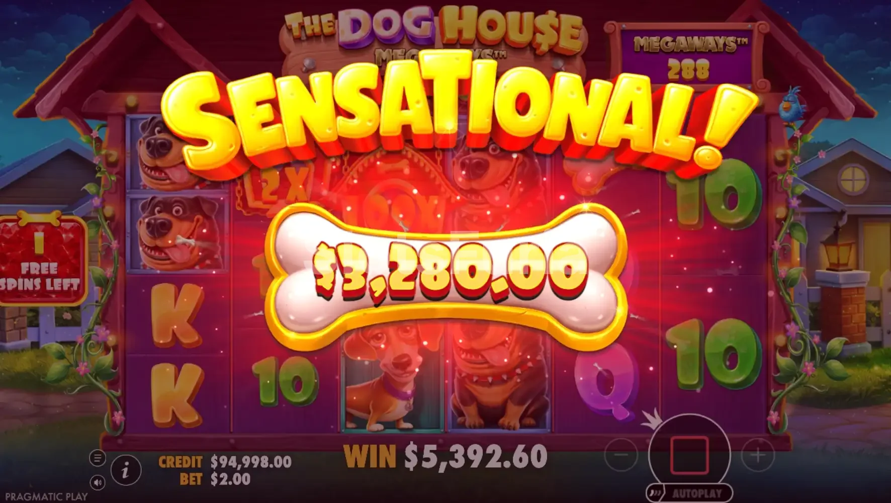 Pantalla de gran victoria en The Dog House Megaways 1000 con multiplicadores activos